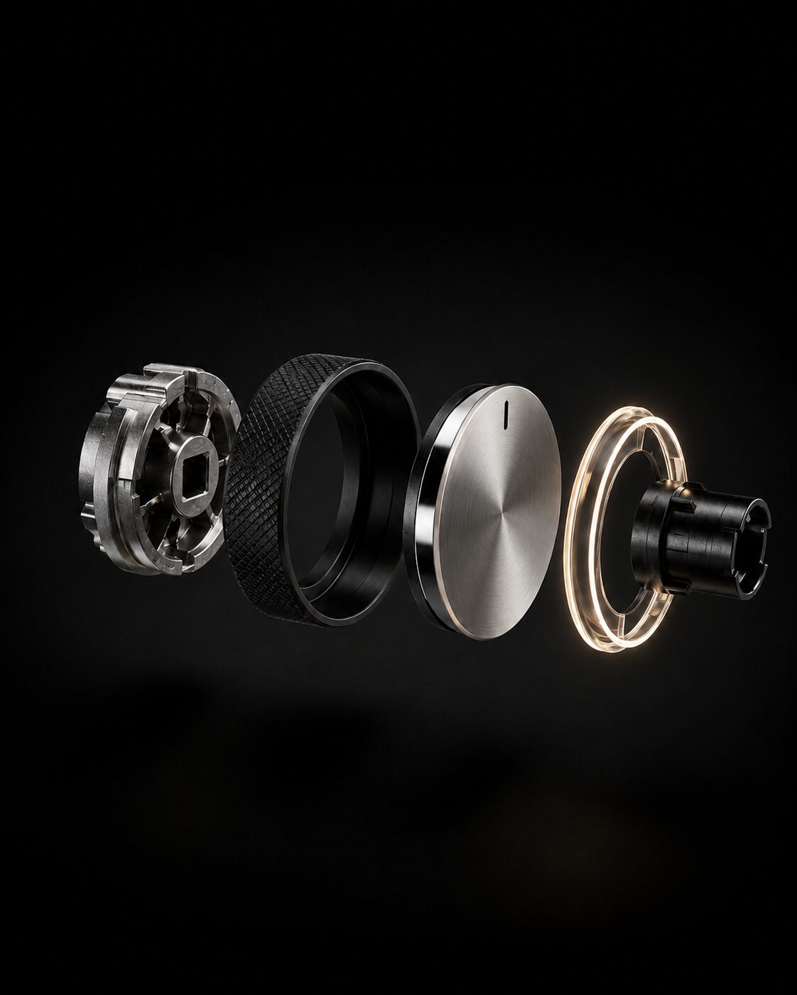 Exploded view of a control knob — index core, knurled bezel, brushed cap, and lit light pipe