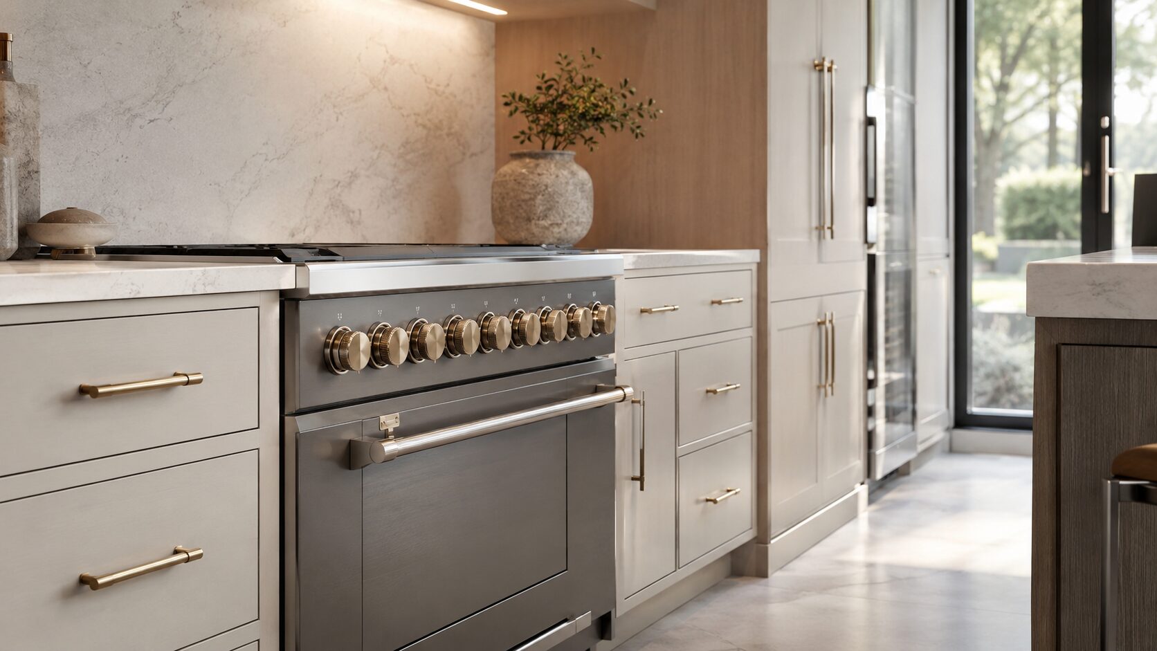 Brass control knobs and bar pull handles on a stainless range in a modern kitchen