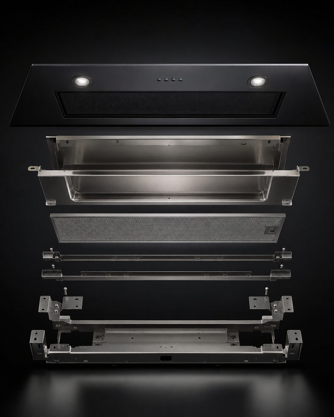 Exploded view — panel, insert, mesh filter, mounting brackets, chassis